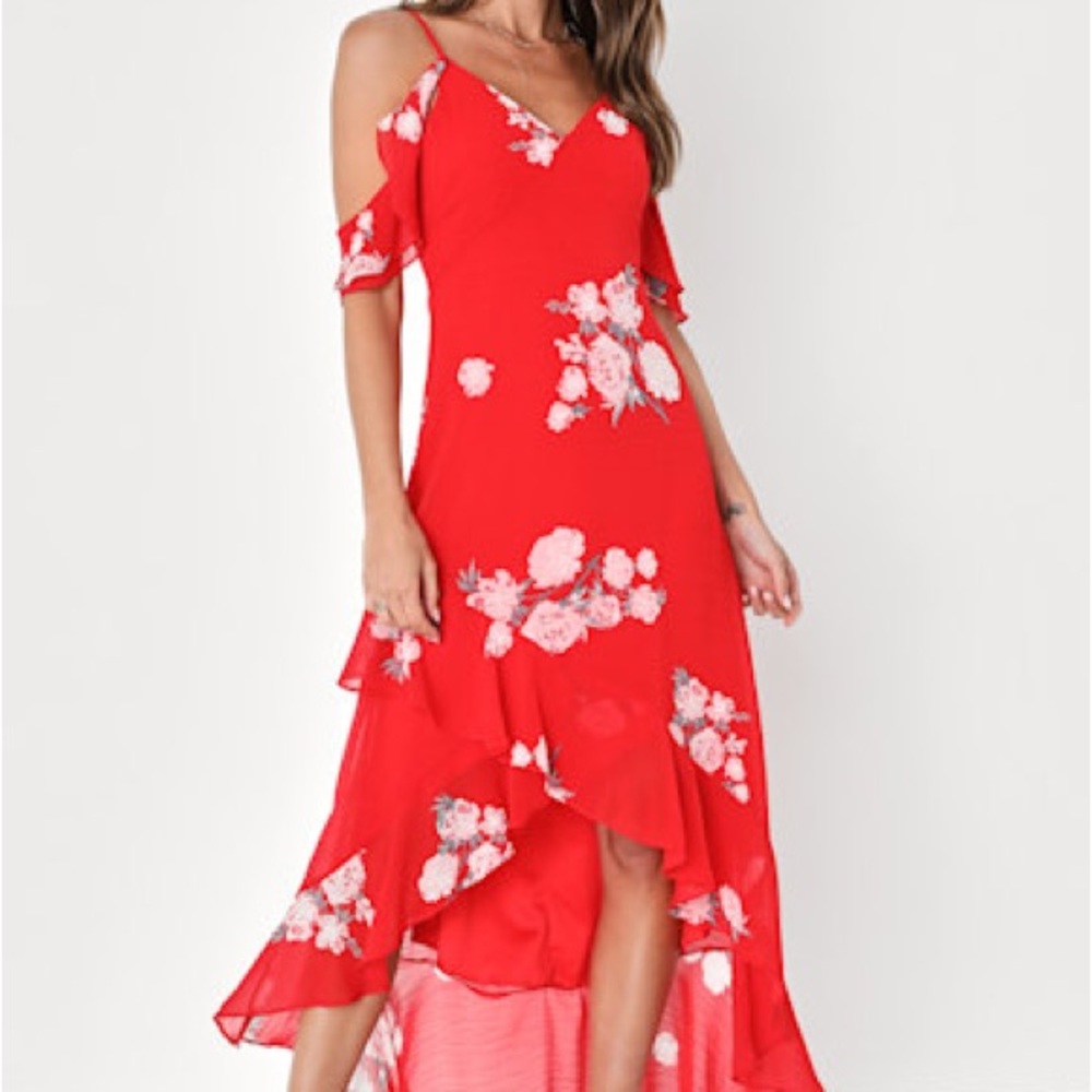 Lulu's Red Floral High-Low Dress